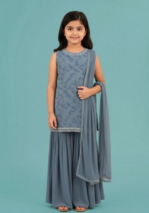 Girls Blue Floral Print Georgette Sharara Set