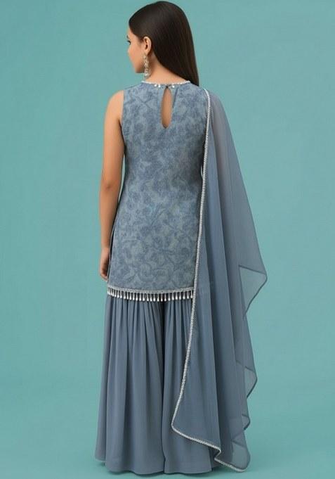Girls Blue Floral Print Georgette Sharara Set