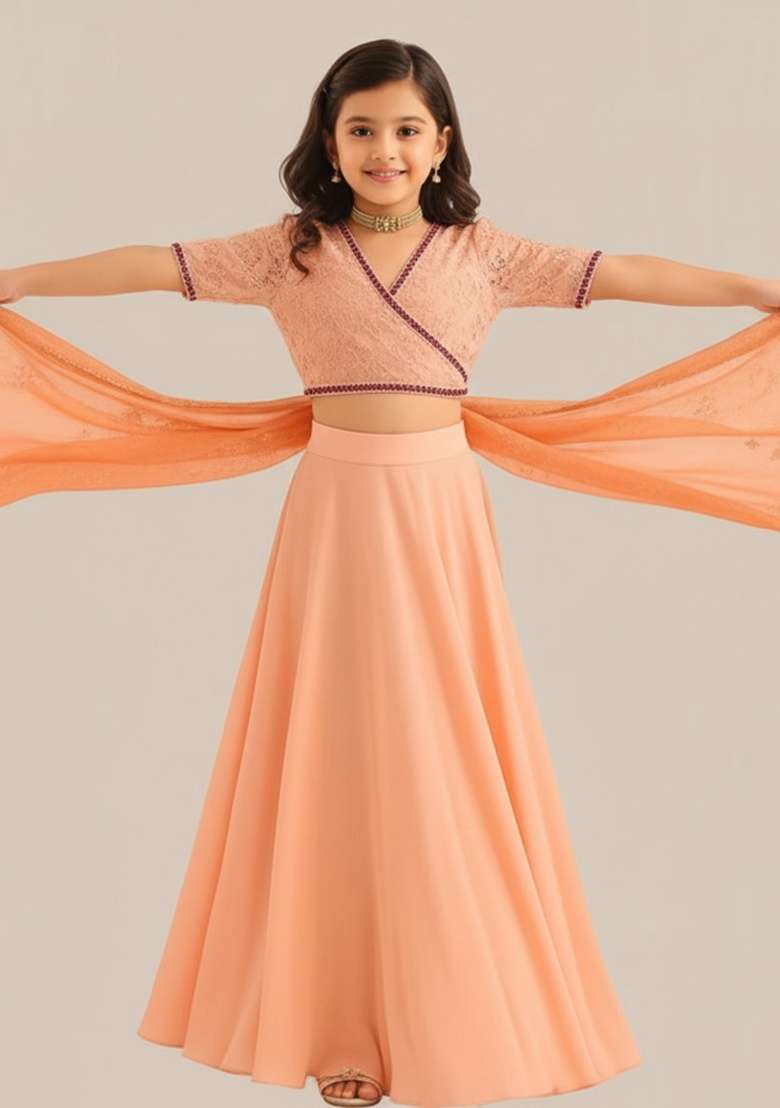 Girls Peach Embroidered Georgette Sharara Set - Indya