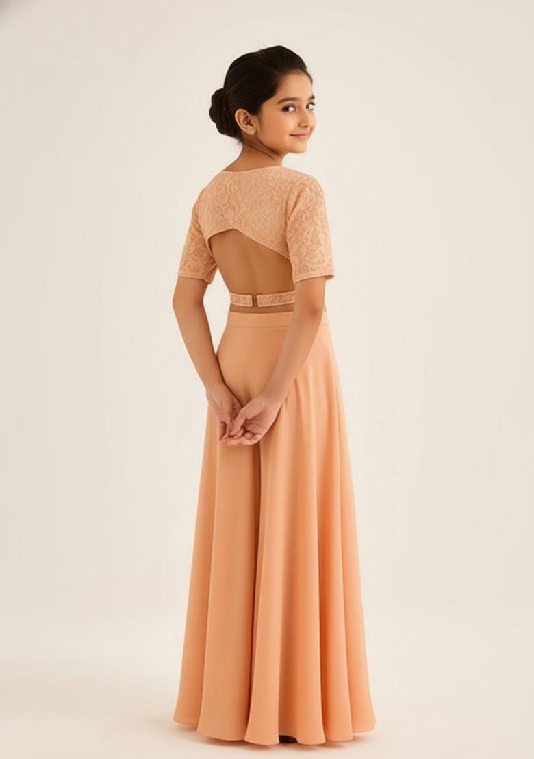 Girls Peach Embroidered Georgette Sharara Set - Indya