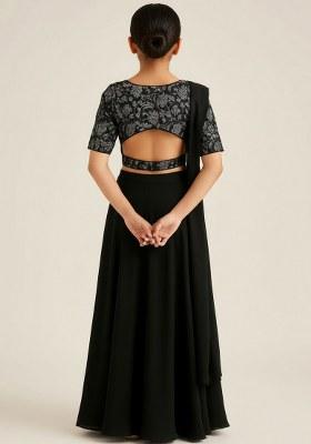 Girls Black Embroidered Georgette Sharara Set