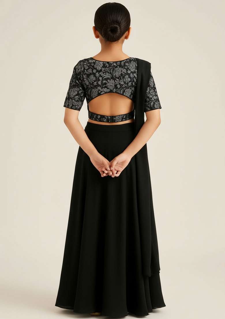 Girls Black Embroidered Georgette Sharara Set - Indya