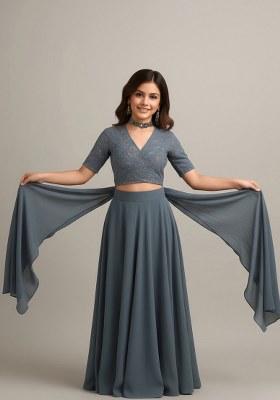 Girls Grey Embellished Georgette Sharara Set