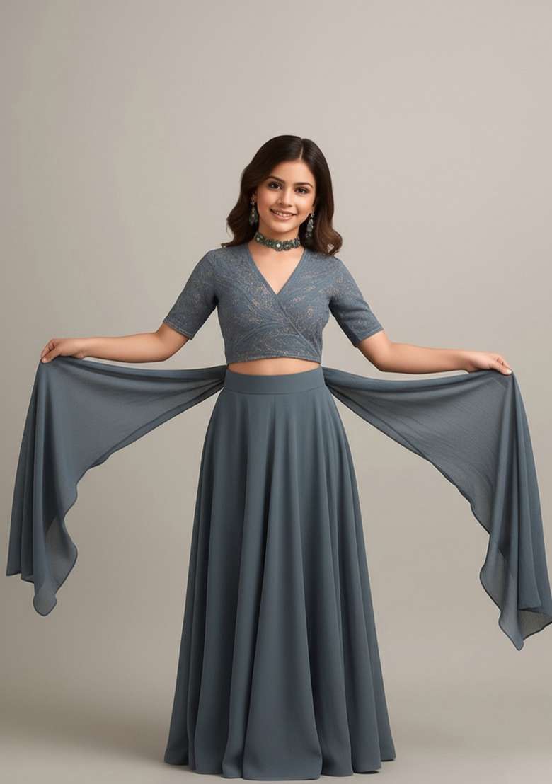 Girls Grey Embellished Georgette Sharara Set - Indya