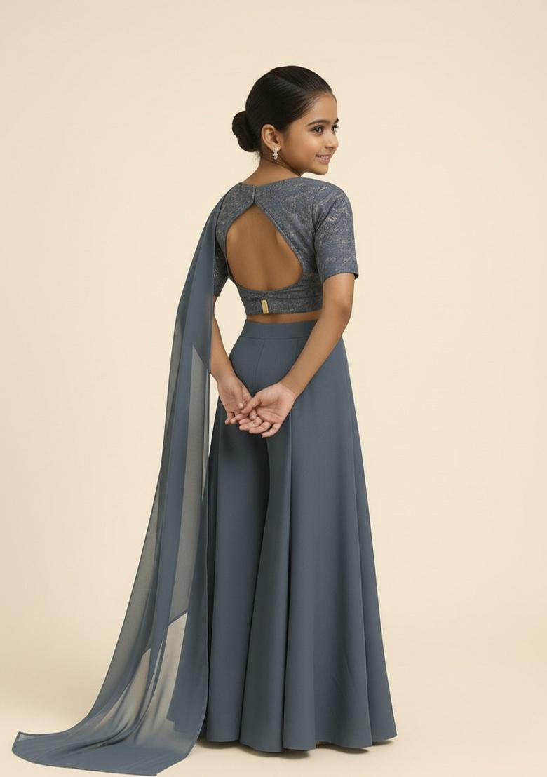 Girls Grey Embellished Georgette Sharara Set - Indya