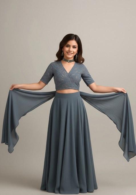 Girls Grey Embellished Georgette Sharara Set