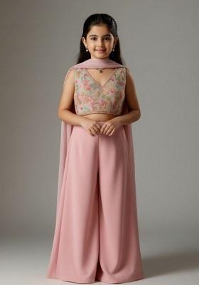 Girls Pastel Pink Embroidered Georgette Sharara Set