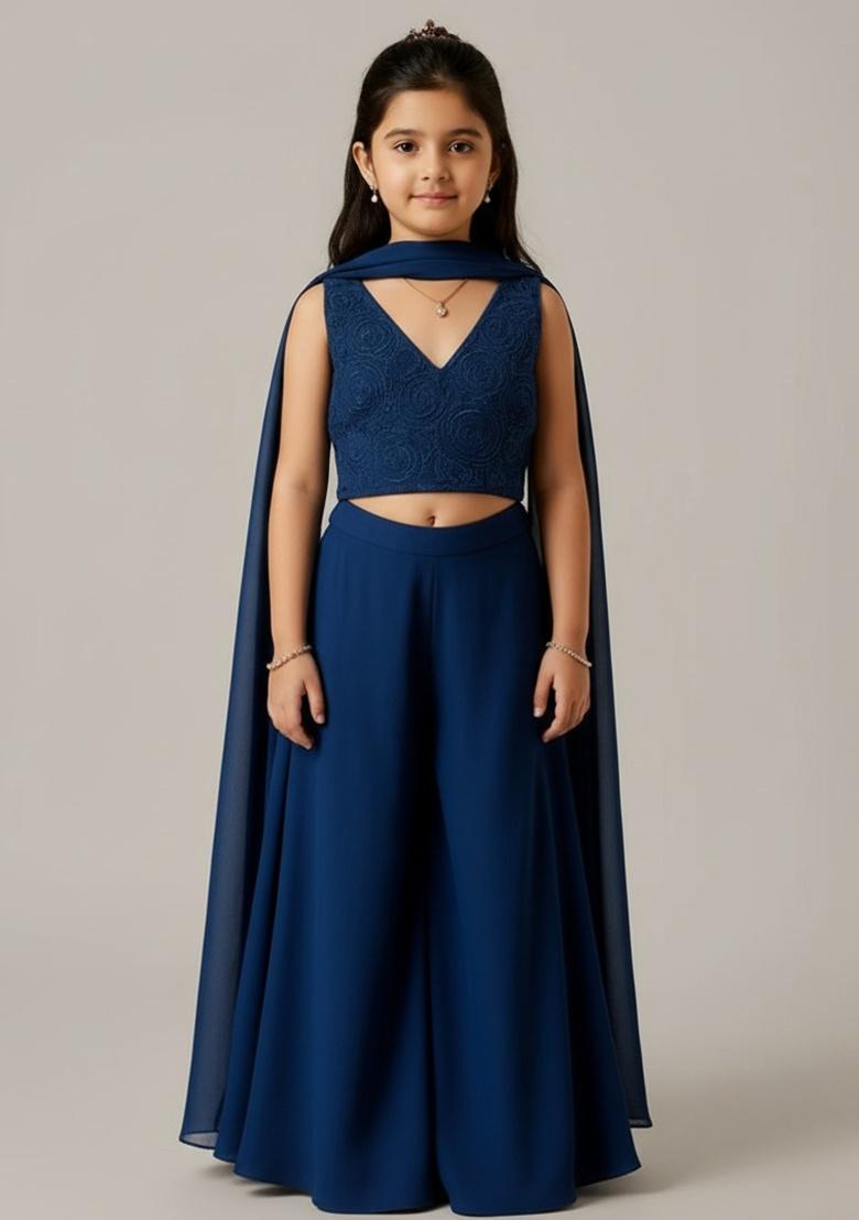 Girls Blue Sequin Georgette Sharara Set