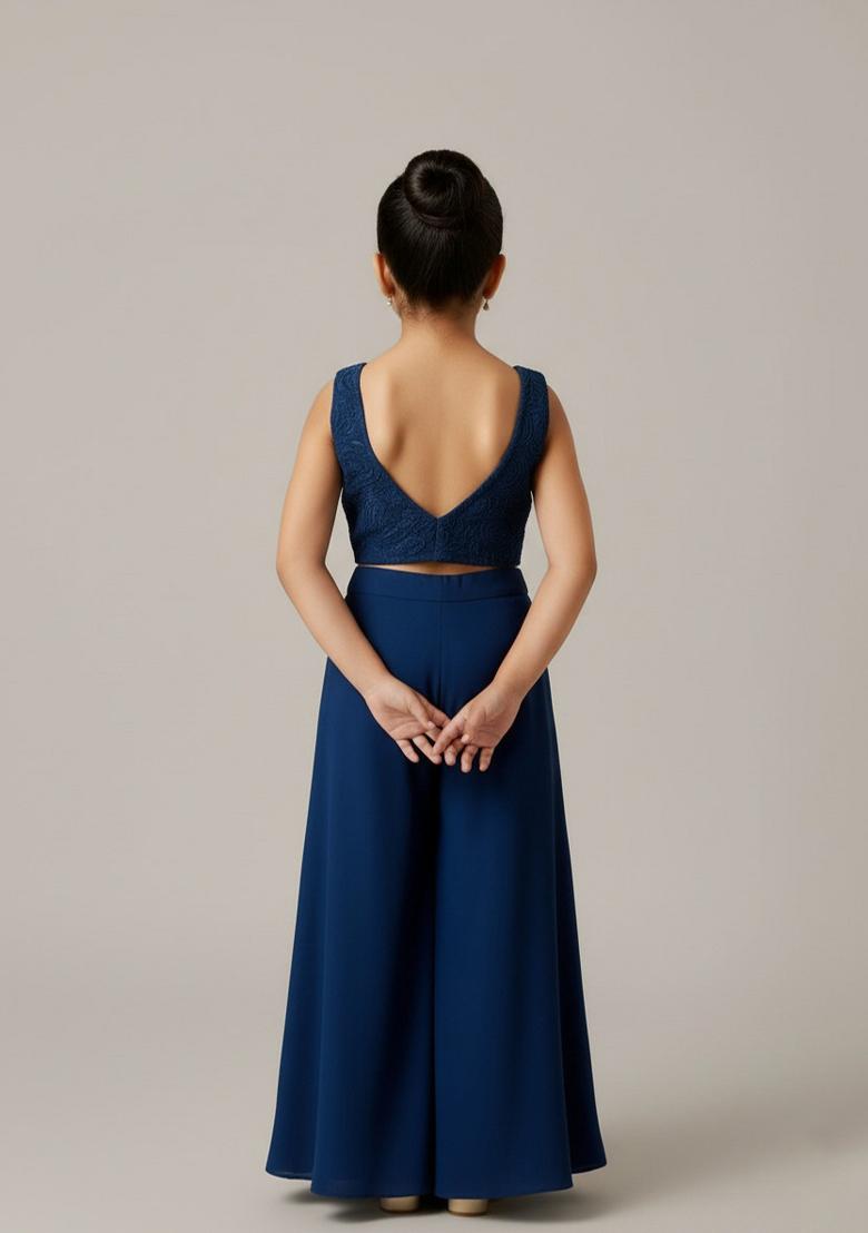 Girls Blue Sequin Georgette Sharara Set - Indya