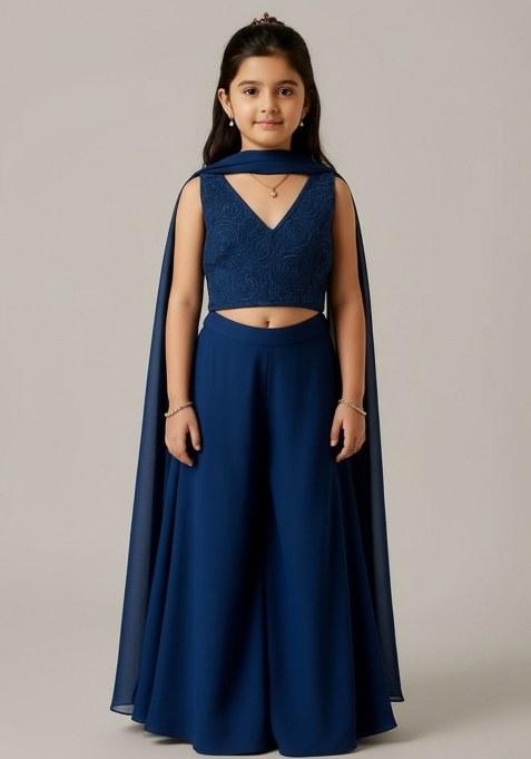 Girls Blue Sequin Georgette Sharara Set