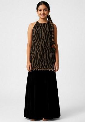 Girls Black Sequin Net Kurta Set