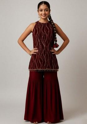 Girls Wine Embellished Net Kurta Set