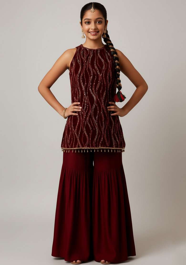 Girls Wine Embellished Net Kurta Set - Indya