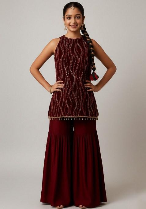 Girls Wine Embellished Net Kurta Set