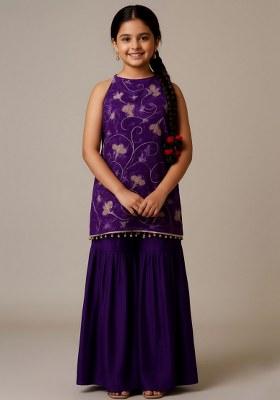 Girls Purple Embroidered Organza Kurta Set