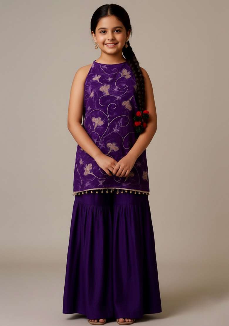 Girls Purple Embroidered Organza Kurta Set - Indya