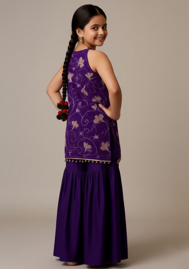 Girls Purple Embroidered Organza Kurta Set - Indya