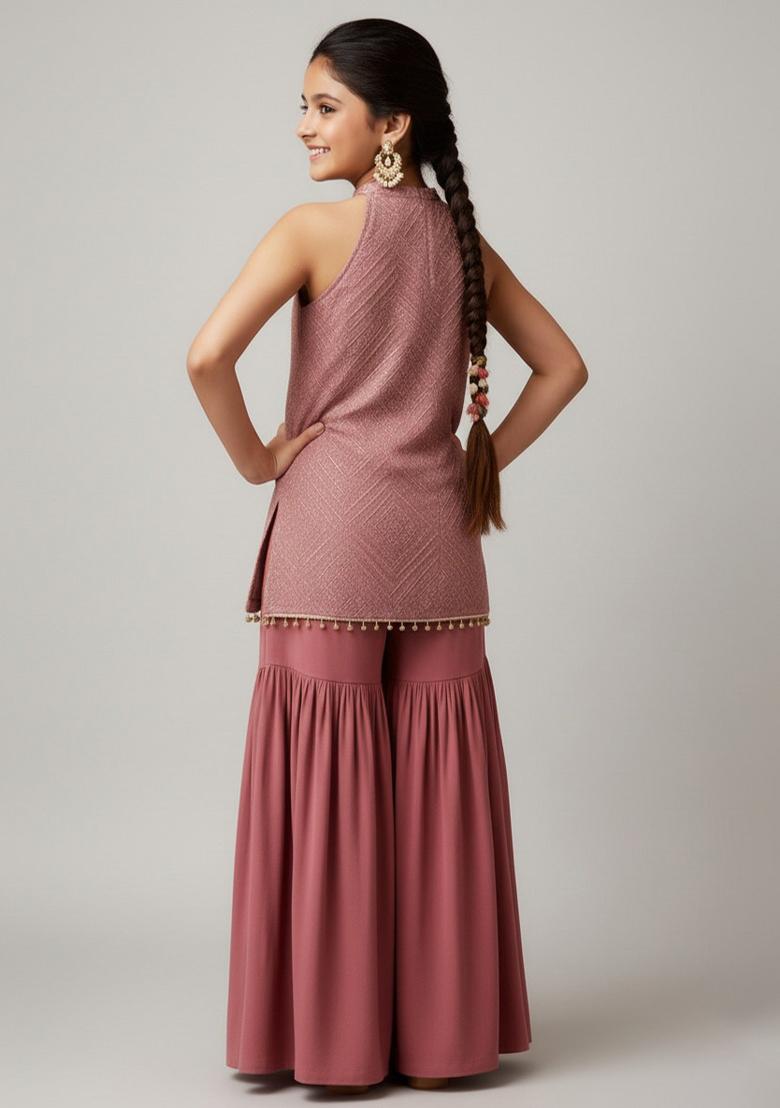 Girls Mauve Embroidered Net Kurta Set - Indya