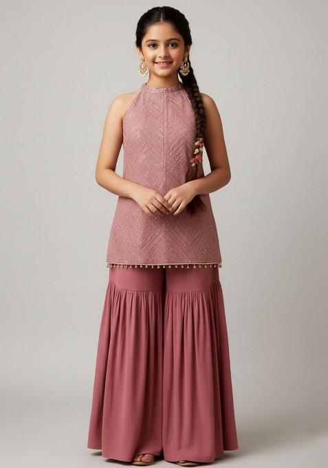 Girls Mauve Embroidered Net Kurta Set