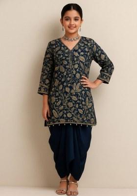 Girls Blue Embroidered Georgette Kurta Set