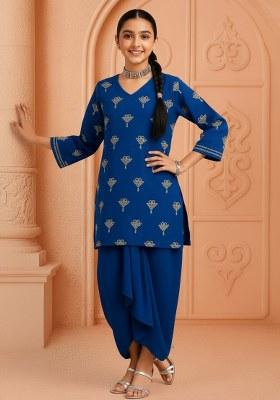 Girls Navy Blue Embroidered Georgette Kurta Set