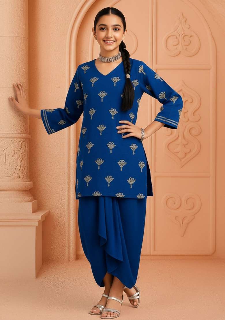 Girls Navy Blue Embroidered Georgette Kurta Set - Indya