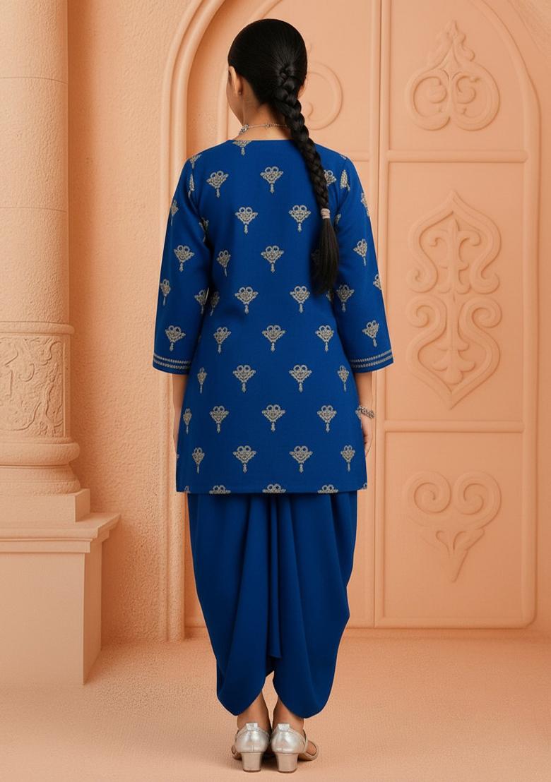 Girls Navy Blue Embroidered Georgette Kurta Set - Indya