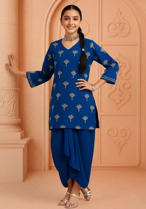 Girls Navy Blue Embroidered Georgette Kurta Set
