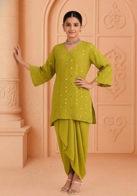 Girls Henna Green Embroidered Georgette Kurta Set