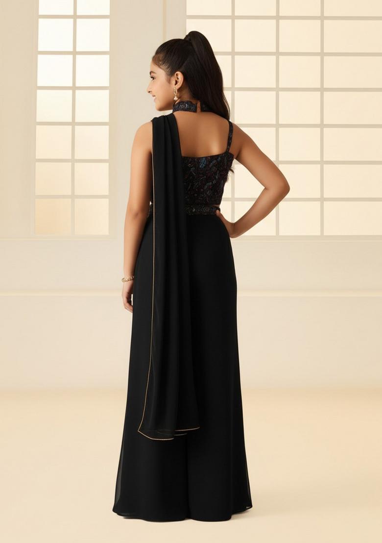 Girls Black Sequin Georgette Fusion Set - Indya
