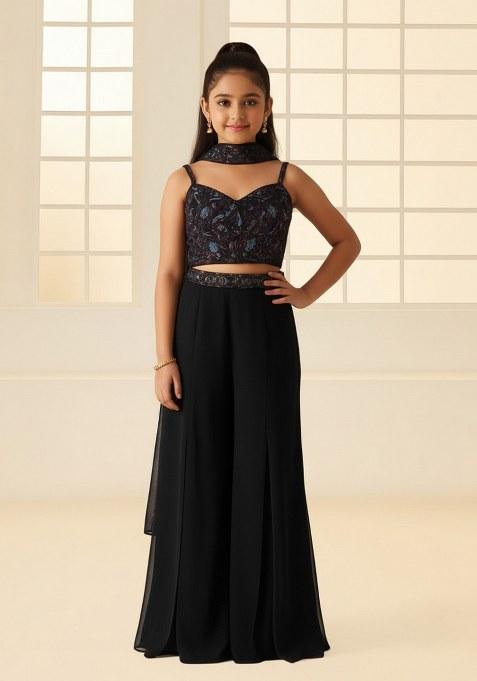 Girls Black Sequin Georgette Fusion Set