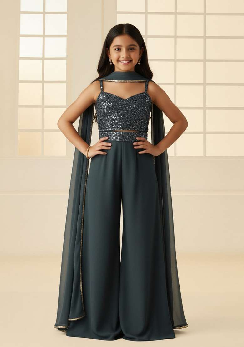 Girls Grey Sequin Georgette Fusion Set - Indya