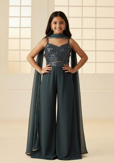 Girls Grey Sequin Georgette Fusion Set