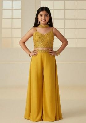 Girls Yellow Sequin Georgette Fusion Set
