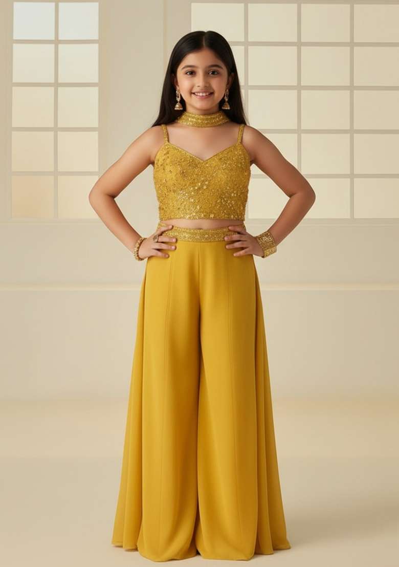 Girls Yellow Sequin Georgette Fusion Set - Indya