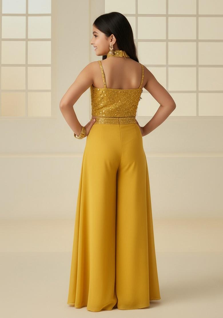 Girls Yellow Sequin Georgette Fusion Set - Indya