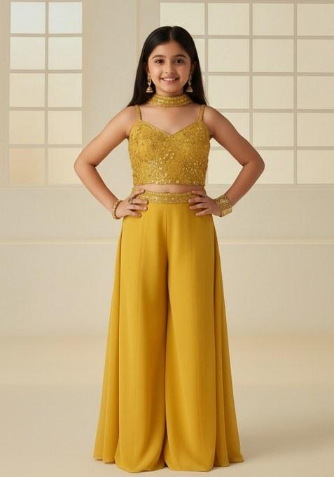 Girls Yellow Sequin Georgette Fusion Set