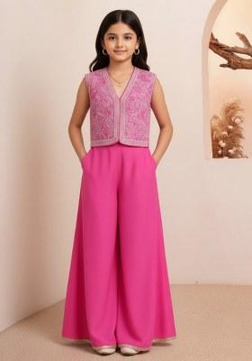 Girls Pink Embroidered Georgette Sharara Set