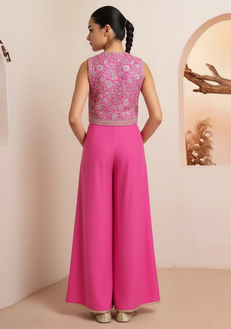 Girls Pink Embroidered Georgette Sharara Set - Indya