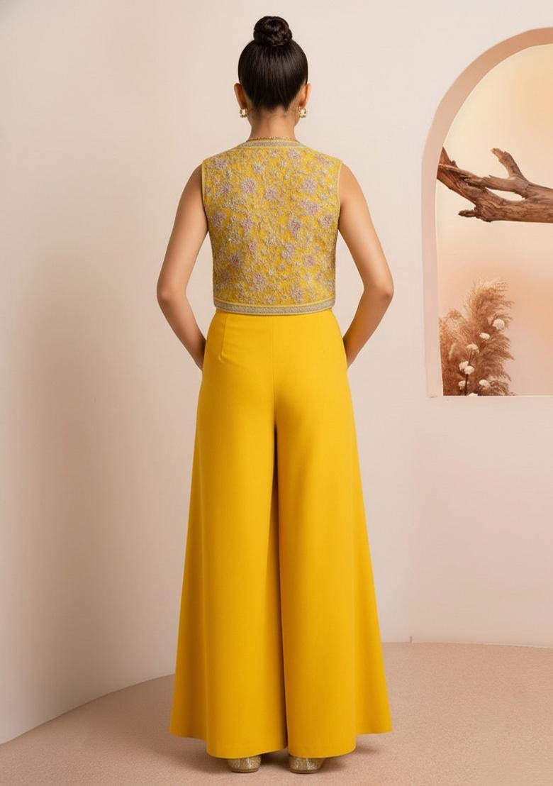 Girls Yellow Embroidered Georgette Kurta Set - Indya