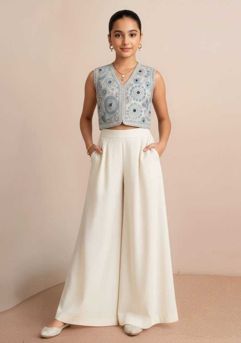 Girls White Embroidered Georgette Kurta Set - Indya