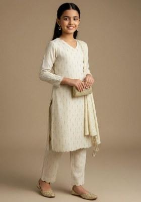 Girls Off White Embroidered Tissue Kurta Set