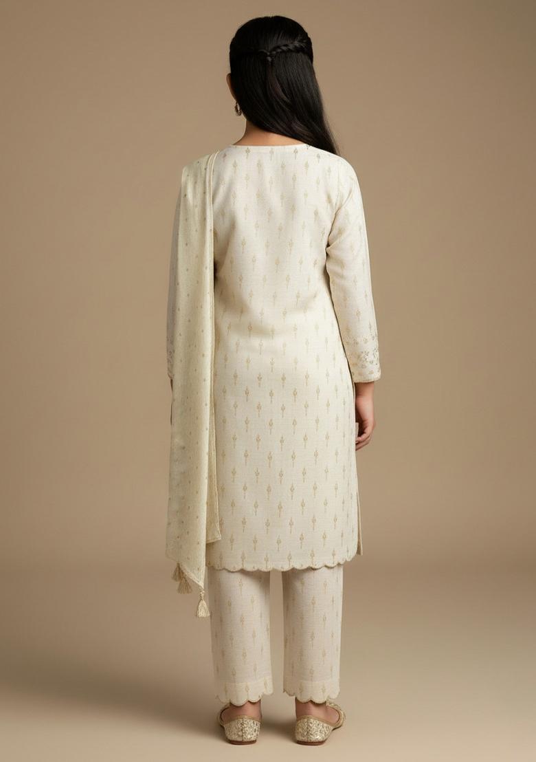 Girls Off White Embroidered Tissue Kurta Set - Indya