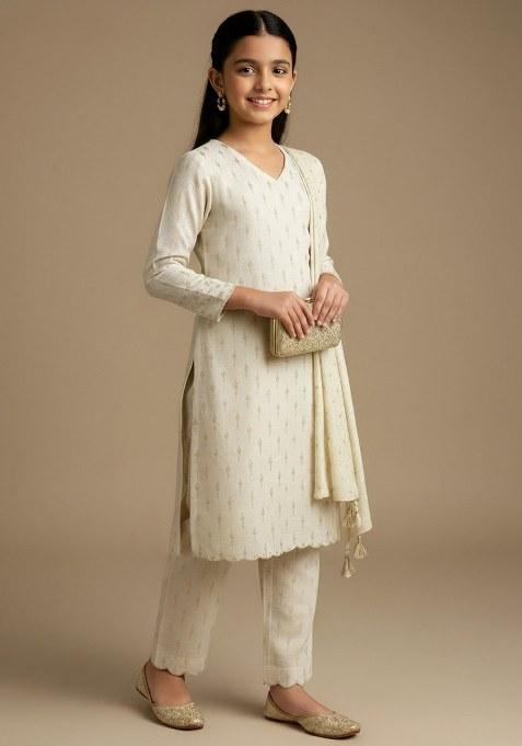 Girls Off White Embroidered Tissue Kurta Set