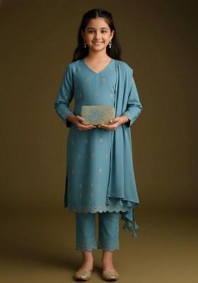 Girls Sky Blue Embroidered Tissue Kurta Set