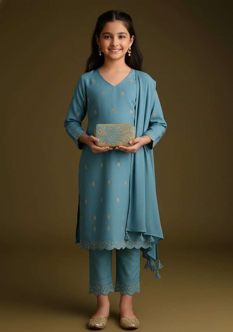Girls Sky Blue Embroidered Tissue Kurta Set - Indya