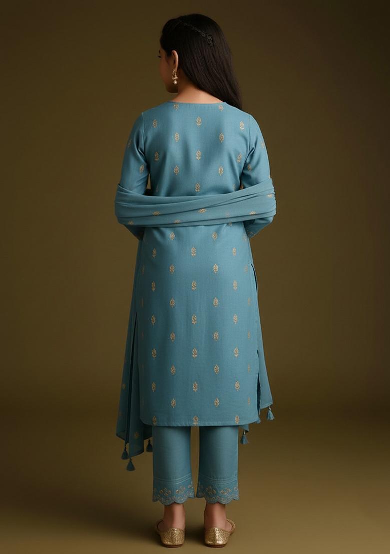Girls Sky Blue Embroidered Tissue Kurta Set - Indya