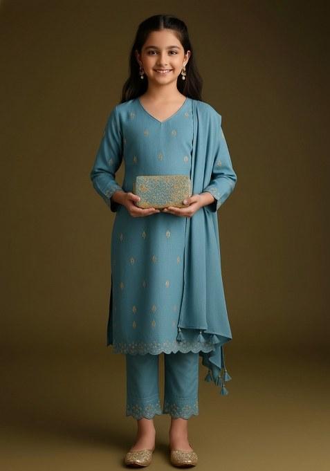 Girls Sky Blue Embroidered Tissue Kurta Set