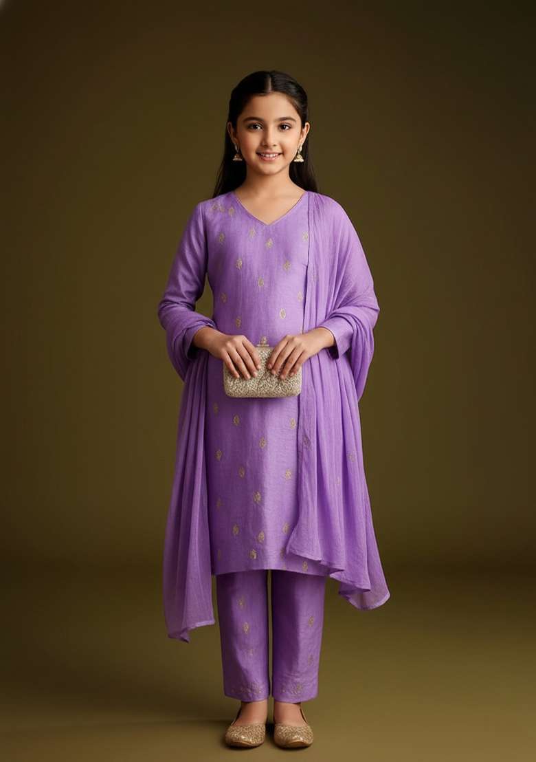 Girls Lavender Embroidered Tissue Kurta Set - Indya