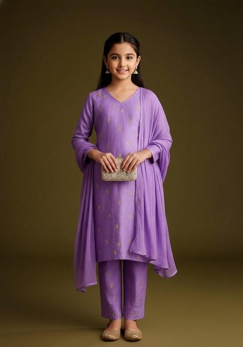 Girls Lavender Embroidered Tissue Kurta Set